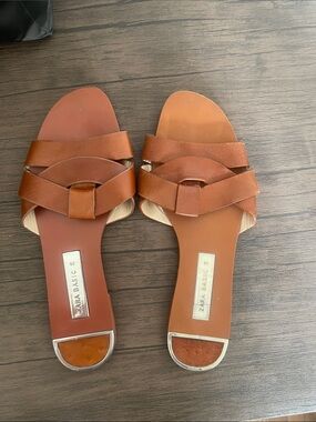 Zara Tan Brown Woven Leather Slide Sandals